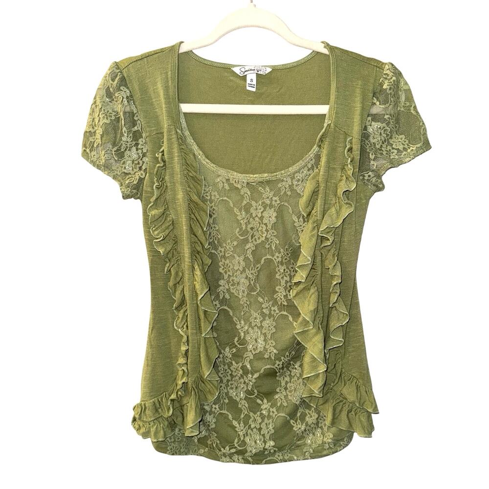 Speechless Y2K Sage Green Lace Sheer Overlay Ruffle Romantic Cami Top S
